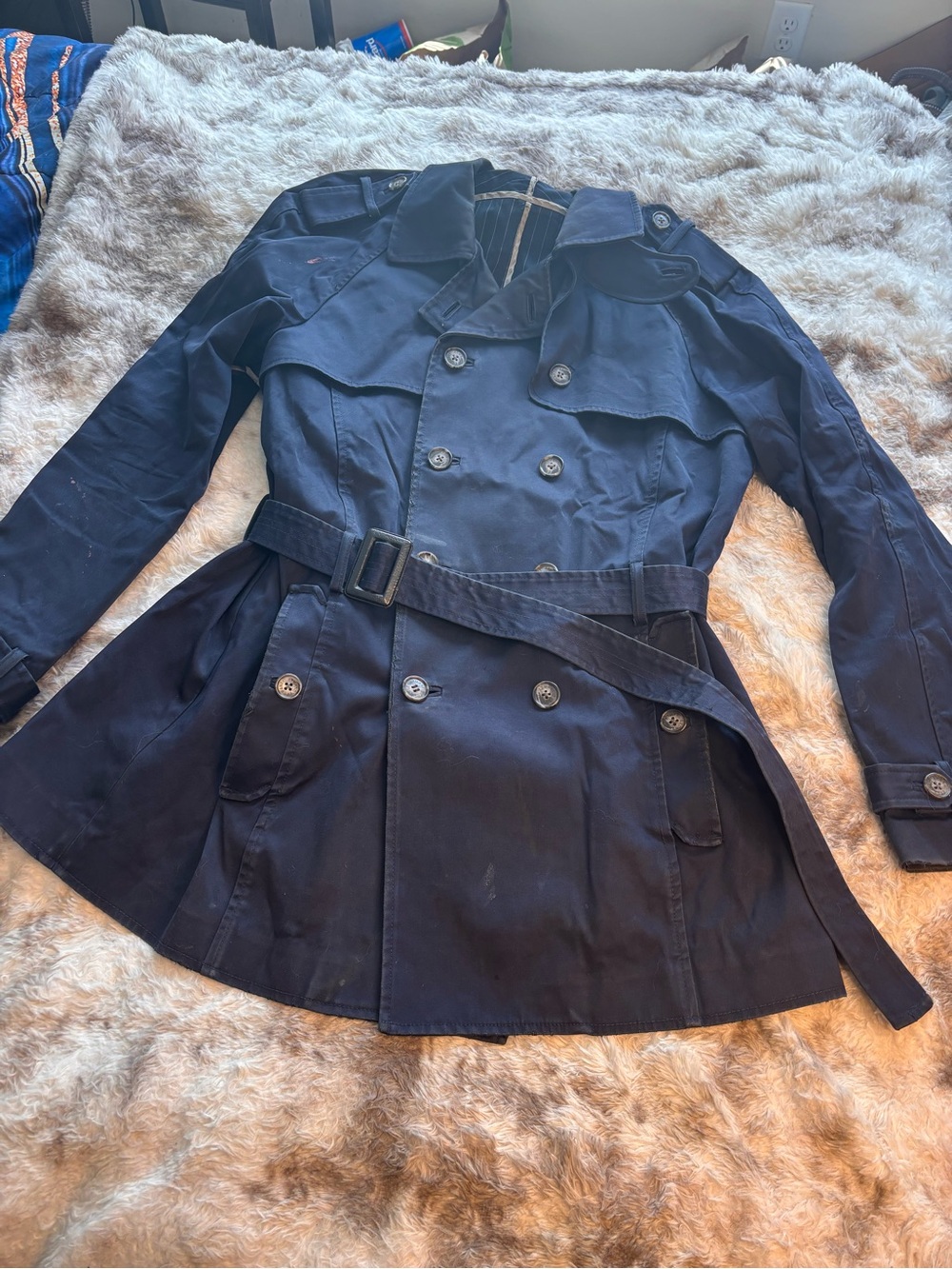 Armani Exchange Dark Navy Double-Breasted Trench with Belt
